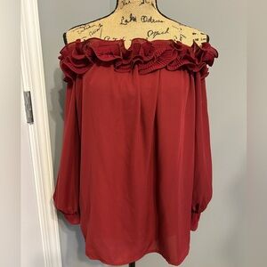 Vine & Love Deep Red Off-the-Shoulder Long Sleeve Top